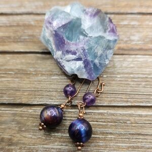 Galaxy Tigers Eye, Amethyst, and Copper Dangle Earrings